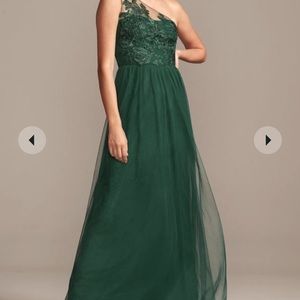 David’s Bridal one-shoulder embroidered soft net bridesmaid dress